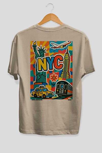 Ankhises NYC USA Μπεζ Oversize Country City T-shirt με στάμπα στην πλάτη, Uni...