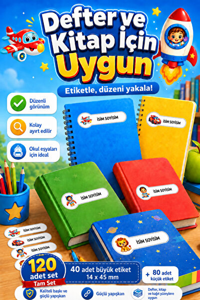 cabuk baskı Erkek Çocuklara Özel 120 Adet İsimli Okul Etiketi Sticker Seti 5 Figürlü Defter Kitap ve Kalem Özel İsimli Okul Etiketi