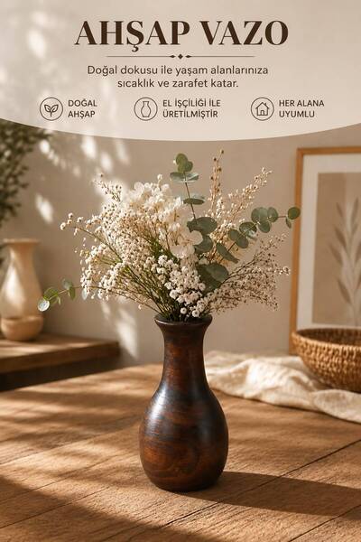 ENYAZA(2024) Enyaza Home Luna Dekoratif Ahşap Vazo 16x9 cm El Yapımı Doğal Ah...