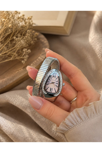 Mihristore Gümüş Renk Roma Rakamlı Yılan Model Taşlı Kadın Kol Saati Yılan Saat