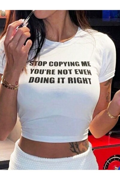 LUMSHİNE Women's Stop Copying Me Y2K Tee Crop