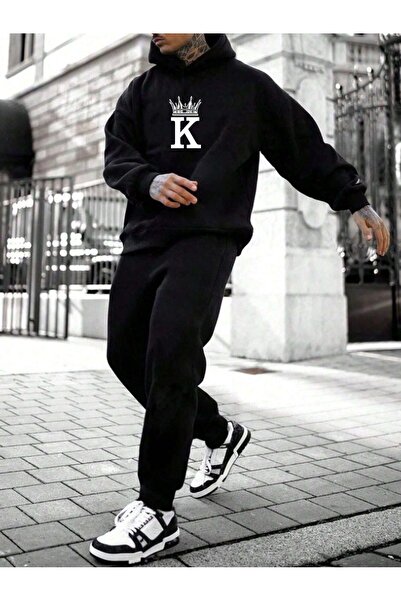 Boi King's Crown Tracksuit - Black Printed Suit Jogger Sweatshirt Elastic Leg...