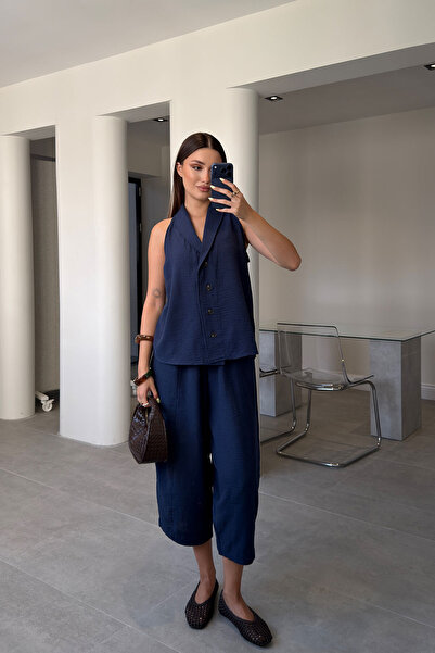 MAGARDE Linen Vest and Trousers Premium Set - Dark Blue
