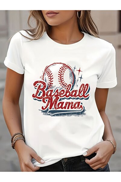 NOURAM تي شيرت نسائي بطباعة "Baseball Mama" - تي شيرت أسود غير رسمي برقبة دائ...