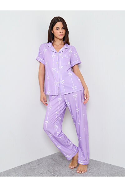 Take Two By Styli Purple Bow Print Shirt And Pyjama Set