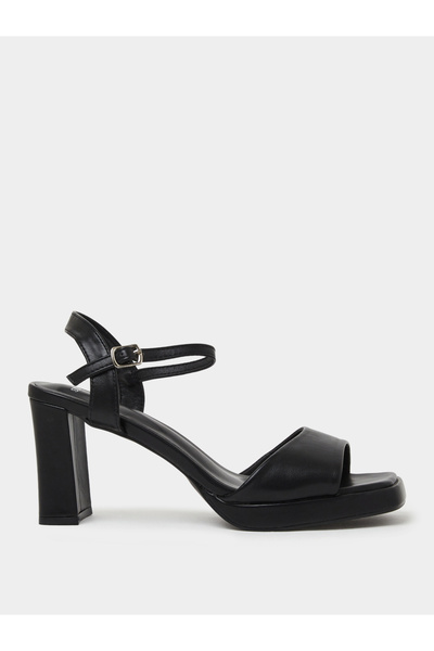 Styli Black Plain Ankle Strap Block Heel Sandals