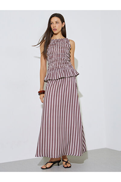 Styli Burgundy Striped Flared Maxi Skirt