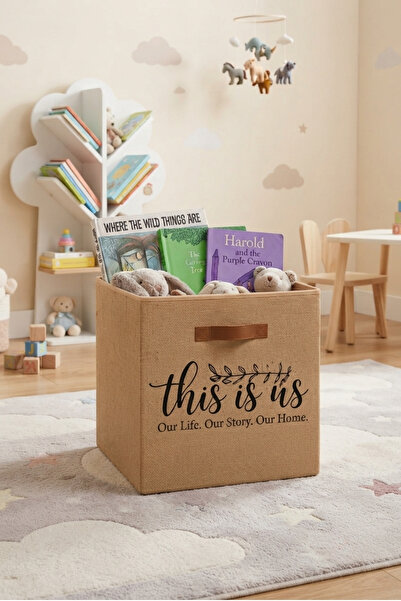 JASPER Jute Closet Laundry Toy Organizer Printed Text Folding Storage Box Org...
