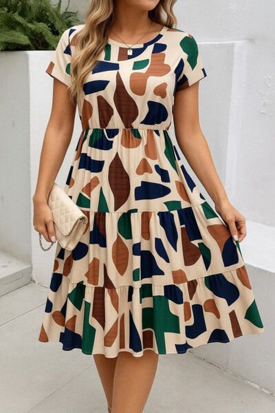 Efnaz style Women's Short Sleeve Crew Neck Patterned Ruffle Single Jersey Dress