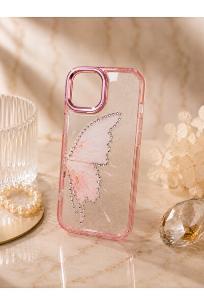 botyco Iphone 15 Plus (6.7 inç) Uyumlu Simli Şeffaf Kelebek Desenli Renk Geçi...
