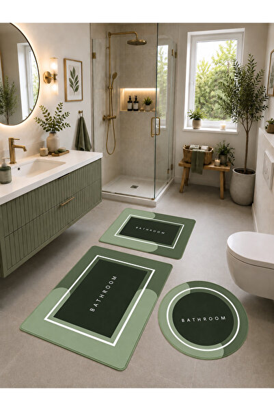 DECOVİST HOME Kaymaz Tabanlı Yıkanabilir 3’lü Yuvarlak Yeşil Banyo Paspası ve...