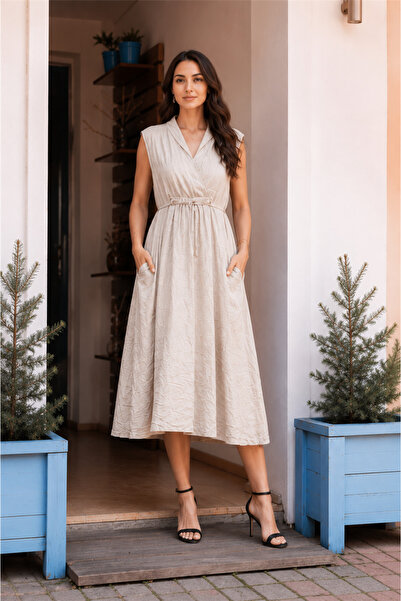 Miss Boheme Ecru Color V-Neck Italian Linen Dress with Rope Detail at the Wai...
