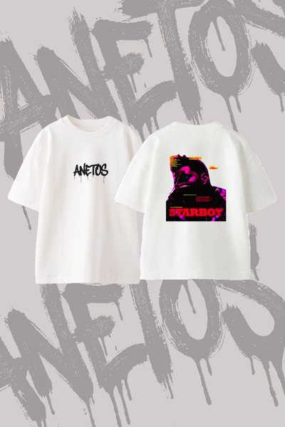 Anetos The Weeknd Starboy_3 Design Back Printed Cotton White Oversize T-Shirt