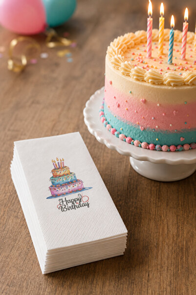 Sofra Sunum Happy Birthday Doğum Günü Pasta Desenli Dekoratif Baskılı Lüks Su...