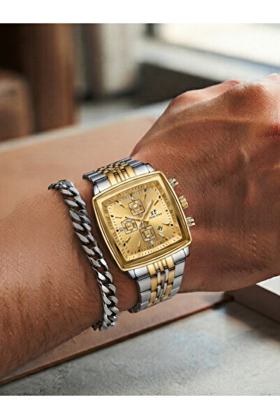 Feronnucci Men's Calendar Wristwatch Bracelet Gift Steel Band Gold Silver Squ...