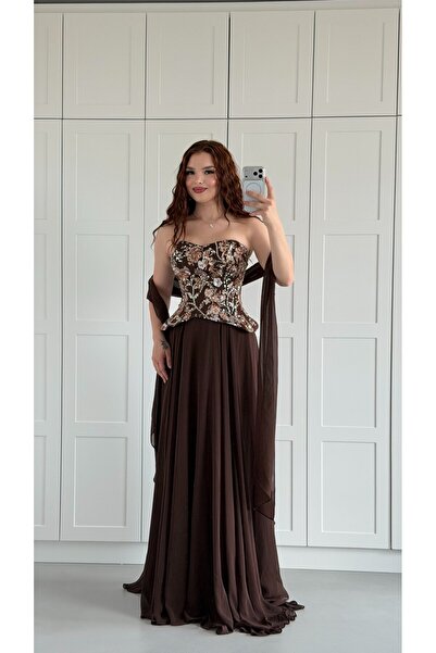 ayşenur Dinçer butik Majeste Özel Şifon Abiye Kahverengi