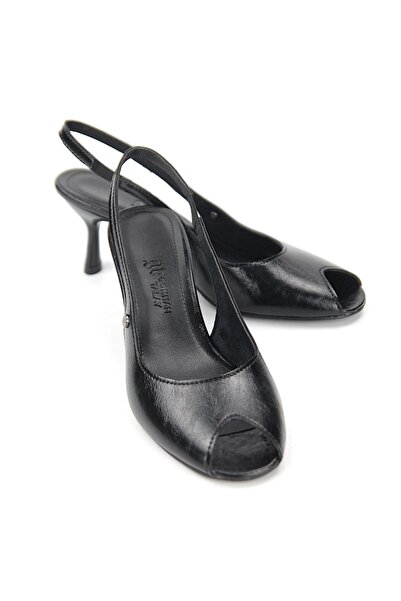 Lady Sunna Calverar (4/6 cm) Siyah Rugan Arkası Açık Peep Toe Kadın Topuklu Ayakkabı