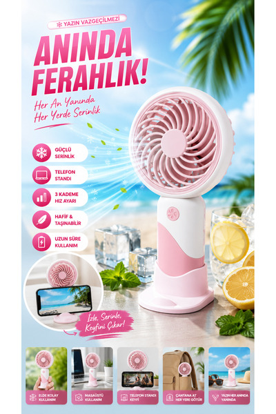 ODOS Home Decor Şarjlı Mini El Fanı Telefon Standlı Taşınabilir USB Masaüstü ...
