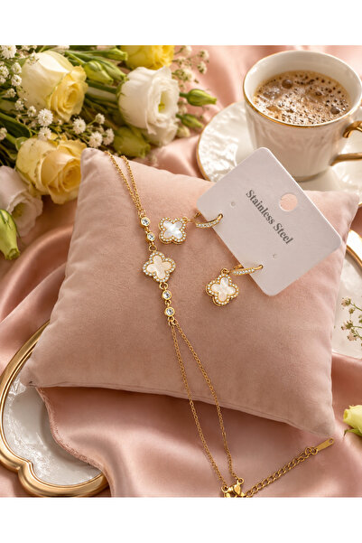 JAMMY JEWERLY Gold Renk Yonca Figürlü Şahmeran & Küpe Seti | Zirkon Taşlı Çel...