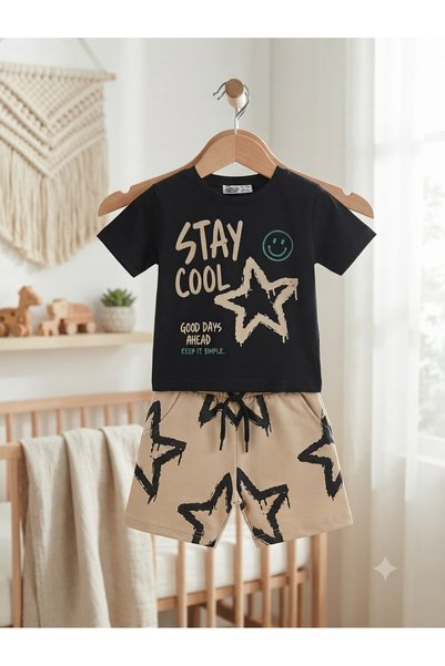 WİKİBOOM Smiling Face and Star Printed Shorts and Top Summer Boy's Set