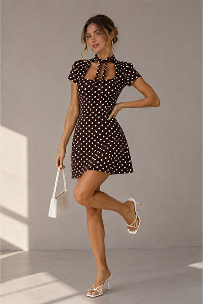 M&N Women's Brown Polka Dot Halter Neck Short Sleeve Dress