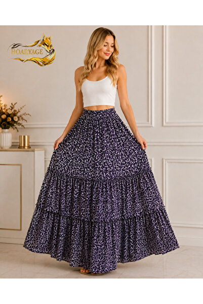 hoaryage Elastic Waist 3-Layer Ruffle Viscose Fabric Skirt, Mevlana Long Cott...