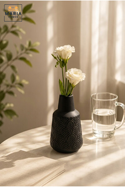 MARIA HOMES Modern Black Ceramic Decorative Vase with Textured Finish, Small ...