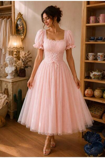 DİBA CONCEPT VINTAGE PEMBE TÜL ELBİSE
