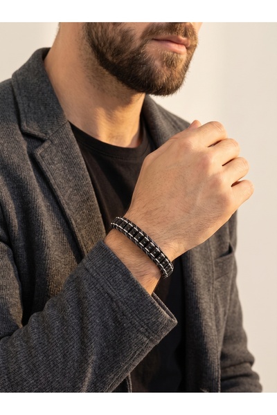 Parmas Design Onyx and Hematite Steel Braided Leather Men's Masculine Gift Br...