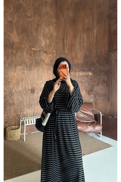 ensade Striped Cotton Hijab Dress Women's Summer Oversize Comfortable Fit Bel...