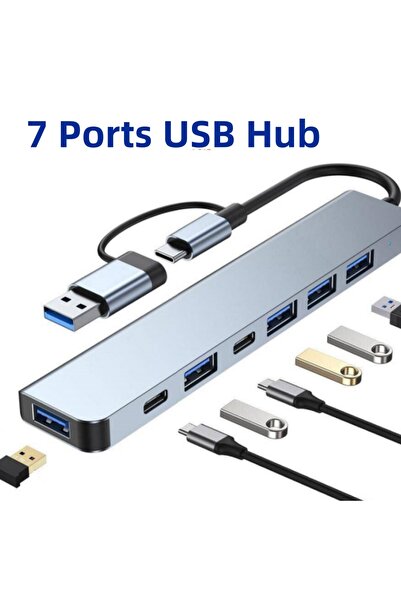 Choice1 موزع USB فضي بـ 7 منافذ (1USB3.0+4USB2.0+2USB-C 2.0) مع مصدر طاقة 5 و...