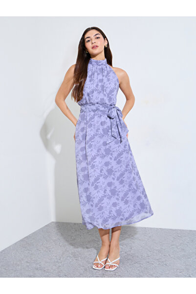 Styli Lilac Floral A-Line Midi Dress With Tie Up Belt