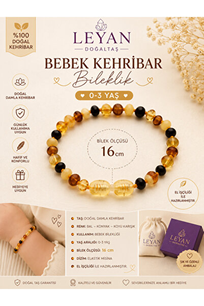 Leyandoğaltaş Bebek Kehribar Bileklik 16 cm | Doğal Damla Kehribar | ipli | 0...