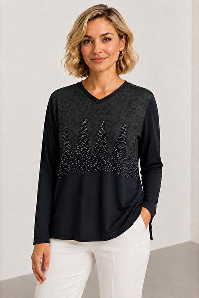 bihan store Women's V-Neck Stone Detailed Long Sleeve Blouse Y26-1085 - Navy ...
