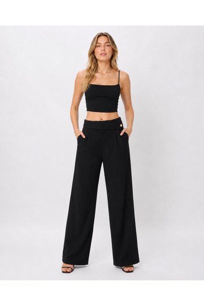 De Carte Women's Double-Breasted Waist Detailed Buttoned Wide-Leg Trousers St...