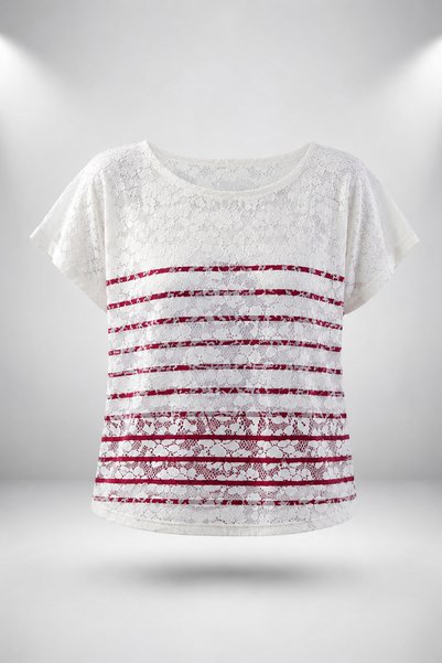 EastWest Trading 40 Size O-Neck Lace Detailed Red Striped Women's Blouse T-Shirt Casual Stylish Summer Top