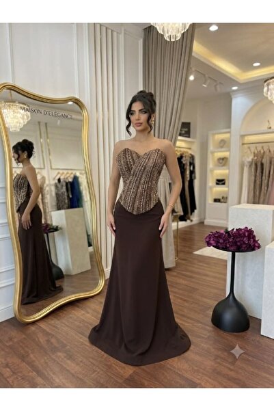 ranin Brown Evening Gown with Beaded Corset Bodice and Plain Straight-Cut Skirt