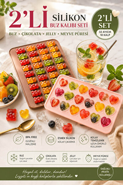 Anadolu Saray Set of 2 Silicone Ice Molds 32 Teddy Bears 18 Hearts Chocolate ...