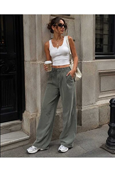 Budan Export Women's 100% Cotton High Waist Pleated Pocketed Wide Leg Loose P...