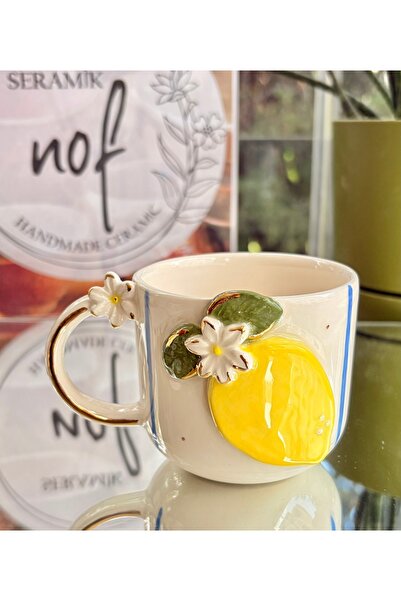 NOF El Yapımı Seramik Gerçek 24K Altın Dekorlu Limon Kupa