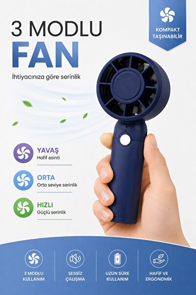 Telvesse Turbo 3 MOD Şarjlı El Fanı 3 Kademe Seyahat Masaüstü Vantilatör Taşı...