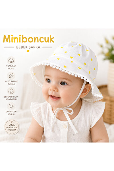 miniboncuk Sarı Kalpli Dantelli Bağcıklı Bebek Güneş Şapkası