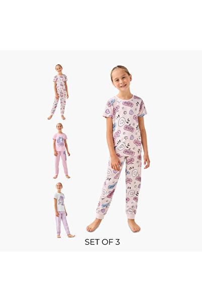 Juniors Pack of 3 Cotton Round Neck Short Sleeves Pyjama Set with Graphic Print