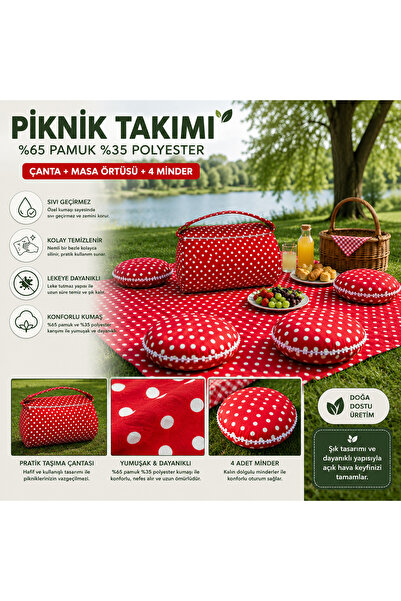 Zeren Home Kırmızı Puantiyeli Piknik Takımı | Taşıma Çantalı 170x170 Piknik Ö...