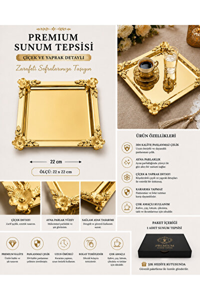 Turkco Gold Flower Detailed Square Presentation Tray 22X22 cm Engagement Coff...