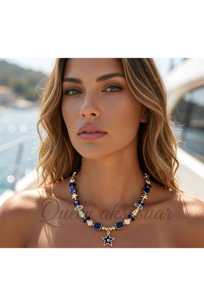 QUEEN AKSESUAR Luxury Special Design Sea Shell Star Dark Blue Evil Eye Beaded...
