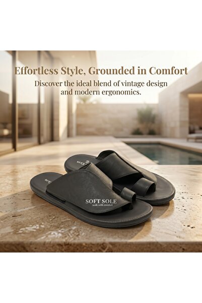 Lucky Steps Men's Toe Ring Leather Sandals Summer Soft Sole Slippers Comforta...