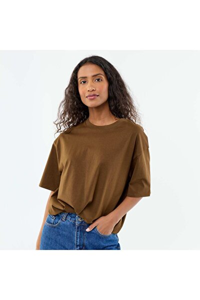 KIABI Oversized Round-Neck T-shirt BROWN