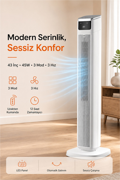 Light Nova 43 inç Kule Tipi Vantilatör | 45W | Uzaktan Kumandalı |3 Mod | 3 H...