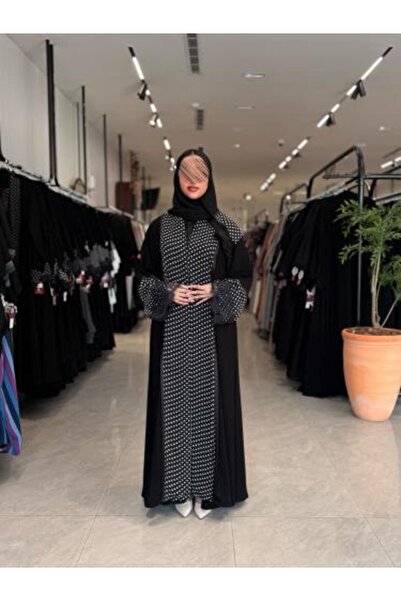dar laha abaya عباية D 5105 - مصنوعة من قماش الكريب الملكي وشيفون أبيض منقط م...